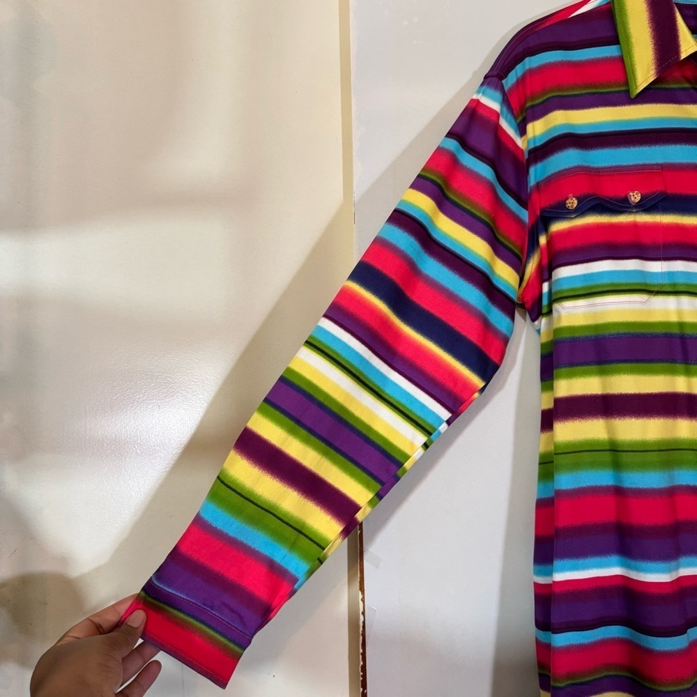 L&B Bright Multicolor Striped Button Down Shirt Dress Size XL Western Belted NWT - Picture 7 of 16